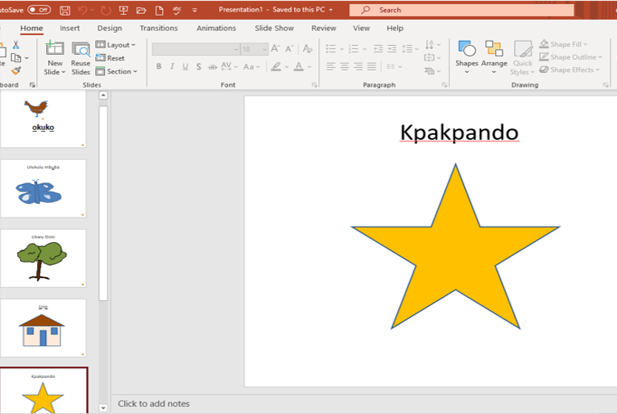 Screenshot of a power point slide deck showing star, chicken, butterfly, tree and house