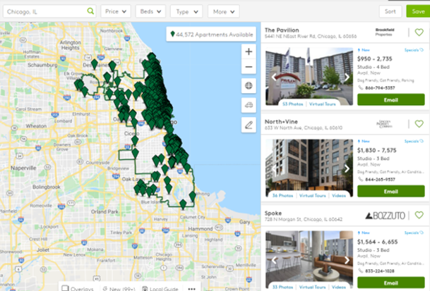 Screen shot of Chicago, IL apartments