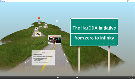 Screenshot of a Prezi  presentation titled The HarDDA Initiative: from zero to infinity