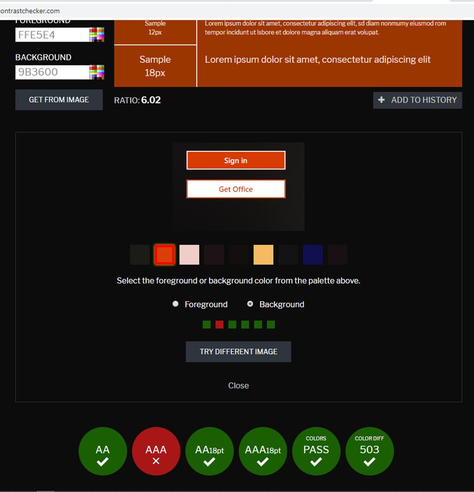 Screen shot of contrast checker analysis of Microsoft sign in button with recommended colors 