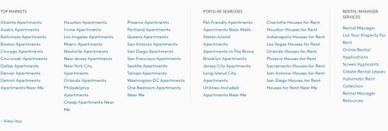 Footer of home page showing unordered list of links