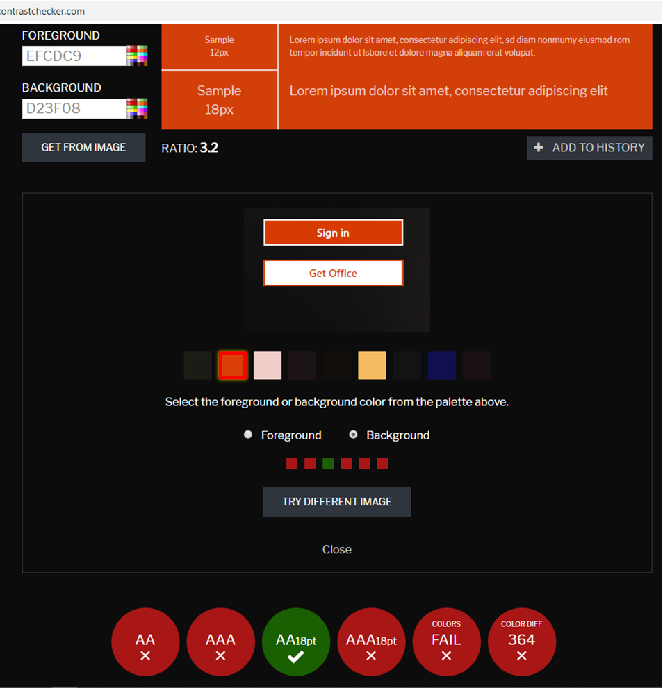 Screen shot of contrast checker analysis of Microsoft sign in button 