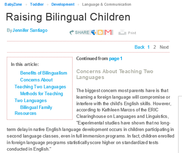 Screen shot of web article on Raising Bilingual Children