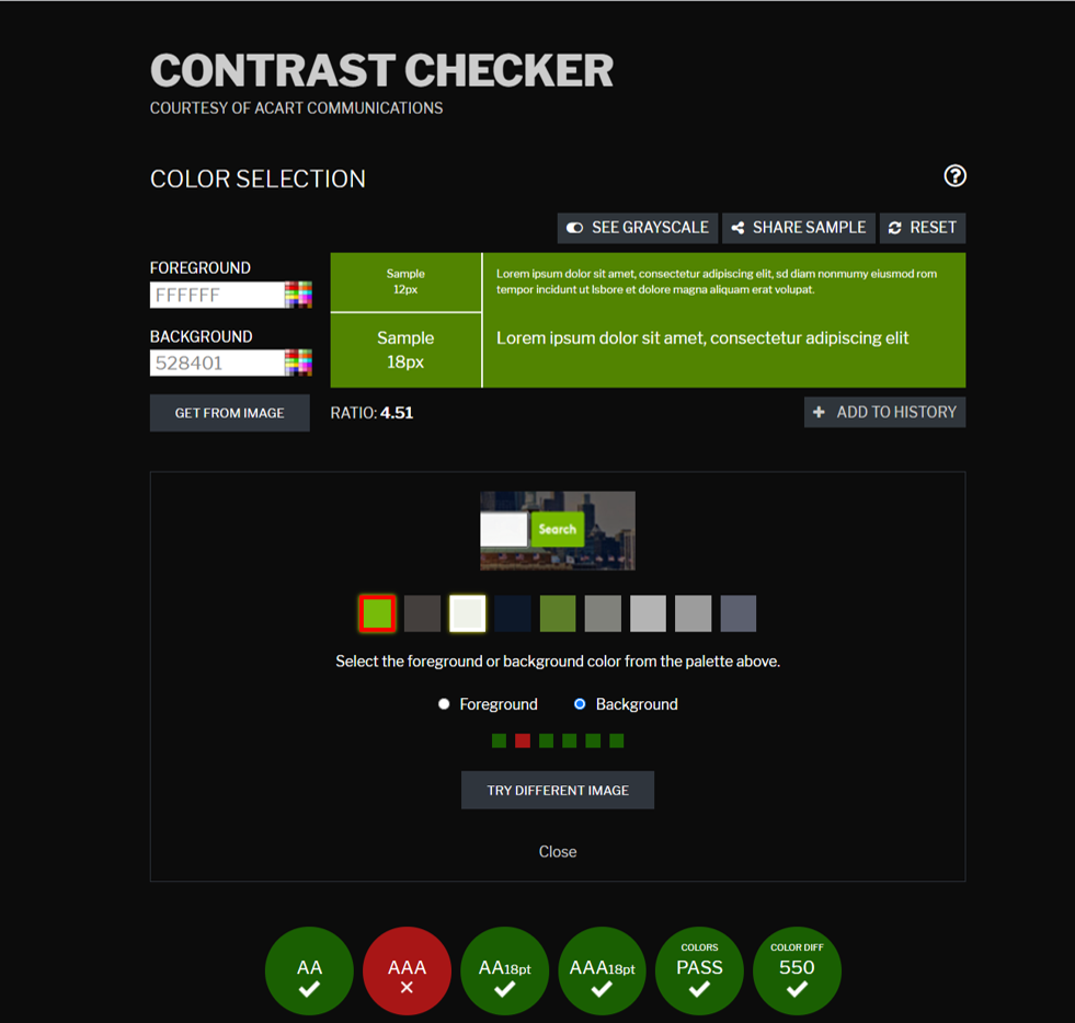 Screen shot of contrast checker analysis of search button with recommended colors 