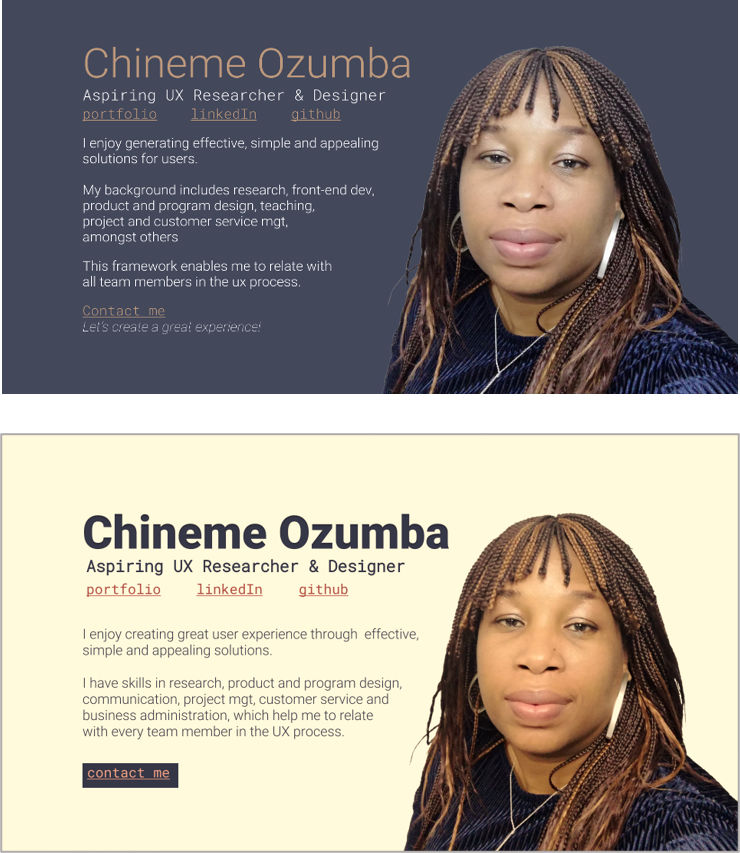Dark and light versions of Chineme's bill-card page