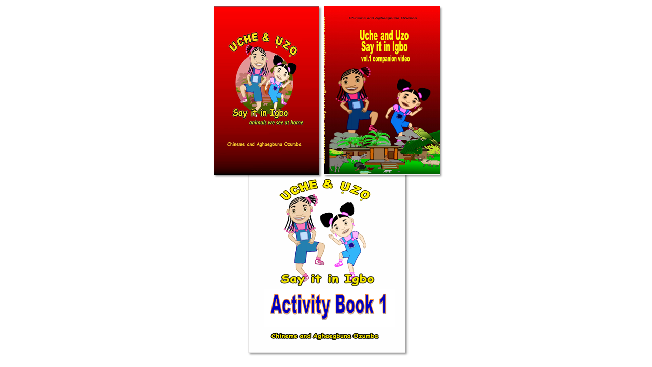 Covers of Say it in Igbo volume 1 Picture book, DVD and activity book