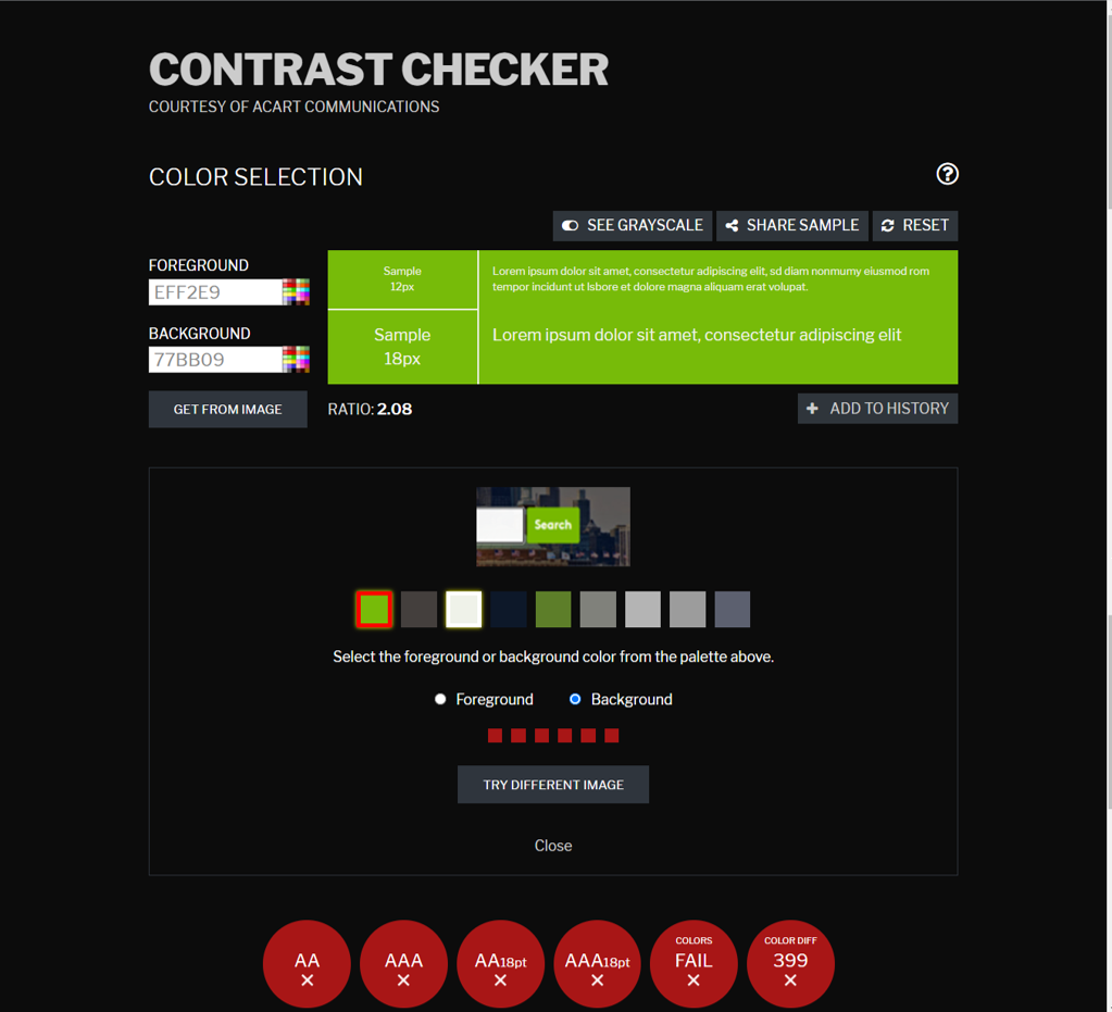 Screen shot of contrast checker analysis of home page search button 