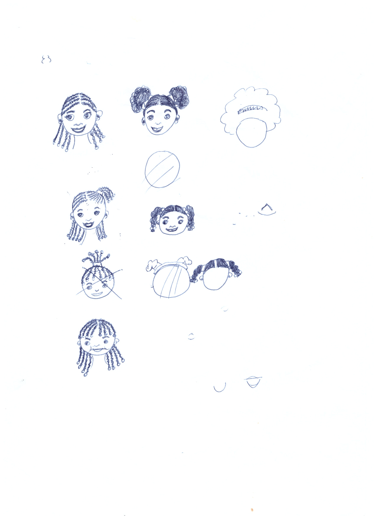 hand-sketched  heads of Uche & Uzo characters with different hair styles