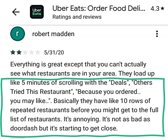 Excerpt from Uber eats user review