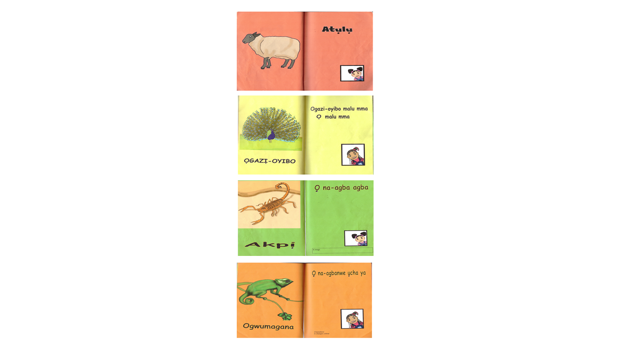 open pages of different volumes of Say it in Igbo picture books