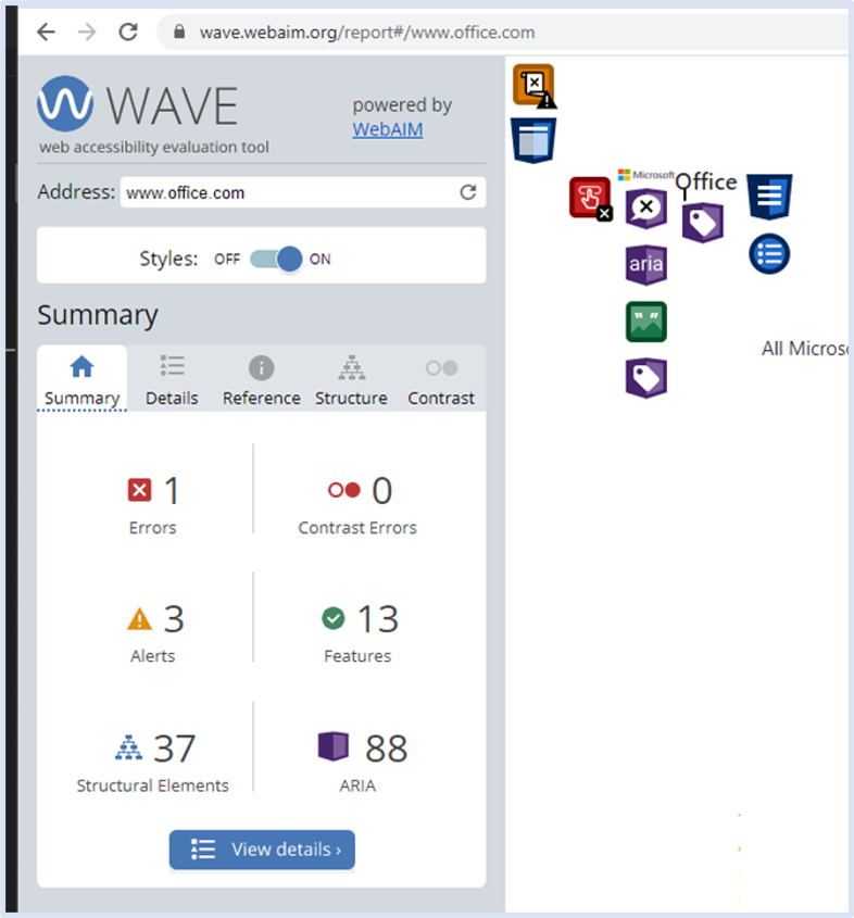 Screenshot of results of evaluation with wave accessibility tool